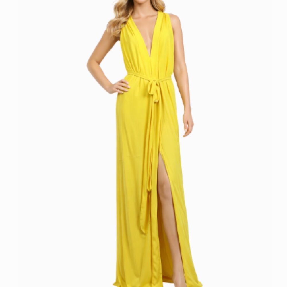 Halston Heritage Yellow Sleeveless Maxi Dress with Deep V and Front Slit
